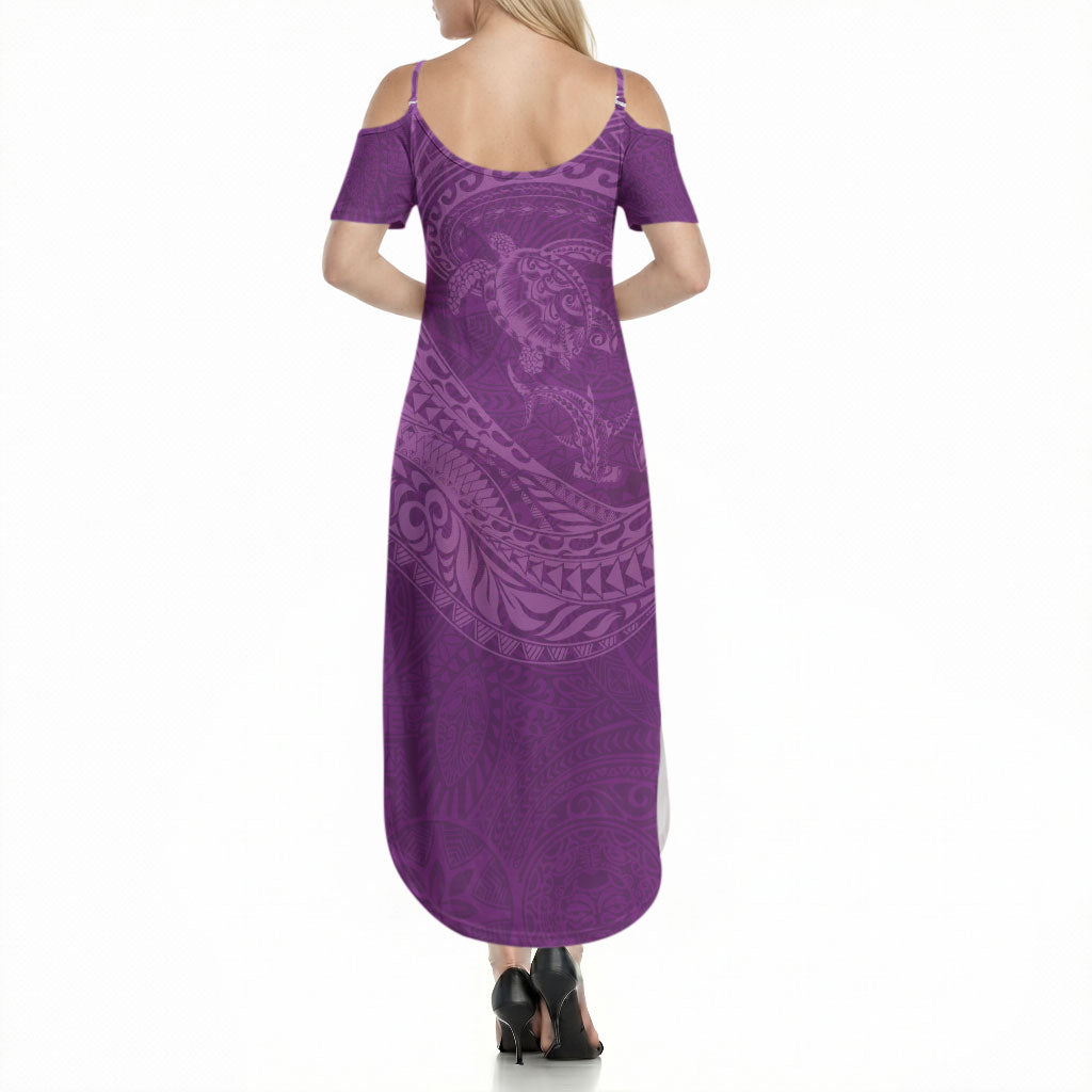 Hawaiian Turtle and Shark Summer Maxi Dress Kakau Tribal with Polynesian Pattern Pink Color