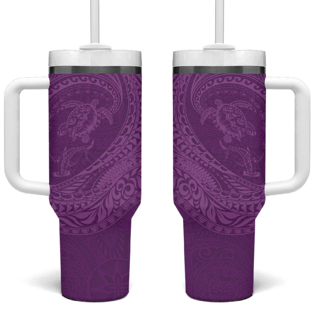 Hawaiian Turtle and Shark Tumbler With Handle Kakau Tribal with Polynesian Pattern Pink Color