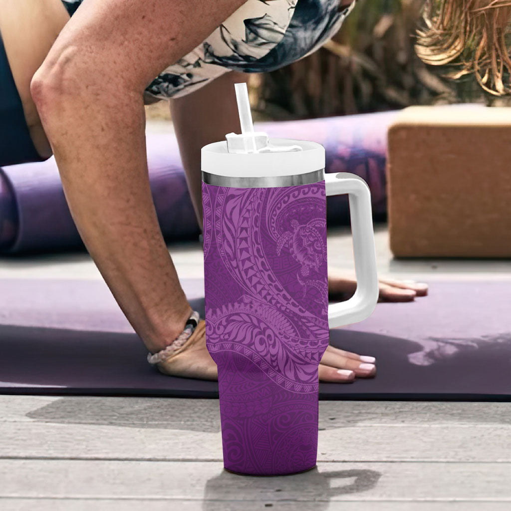 Hawaiian Turtle and Shark Tumbler With Handle Kakau Tribal with Polynesian Pattern Pink Color