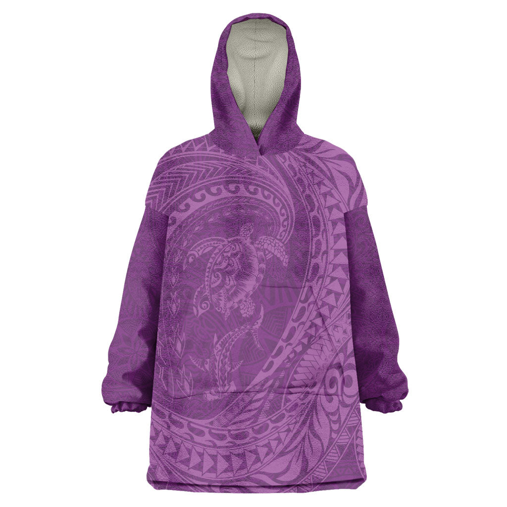 Hawaiian Turtle and Shark Wearable Blanket Hoodie Kakau Tribal with Polynesian Pattern Pink Color