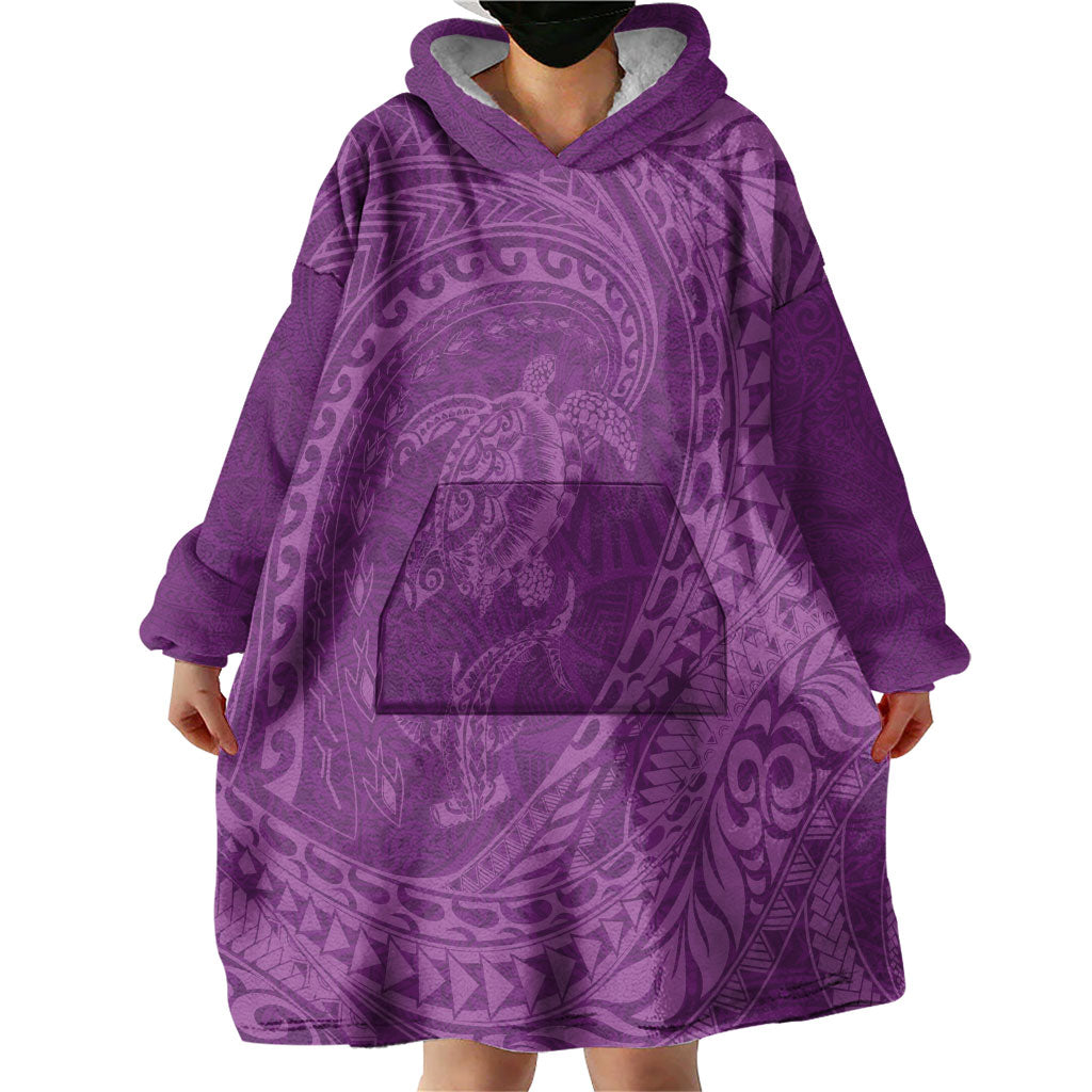 Hawaiian Turtle and Shark Wearable Blanket Hoodie Kakau Tribal with Polynesian Pattern Pink Color