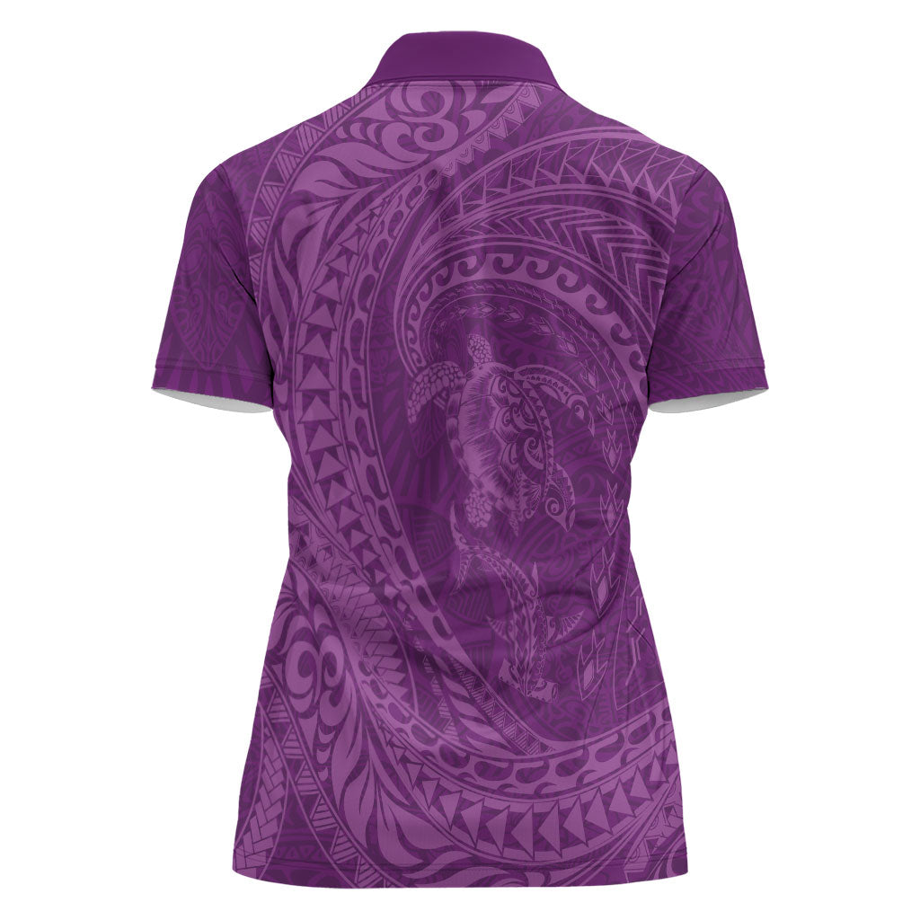Hawaiian Turtle and Shark Women Polo Shirt Kakau Tribal with Polynesian Pattern Pink Color