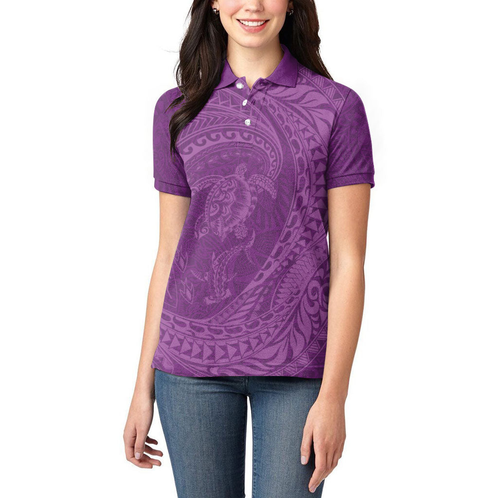 Hawaiian Turtle and Shark Women Polo Shirt Kakau Tribal with Polynesian Pattern Pink Color