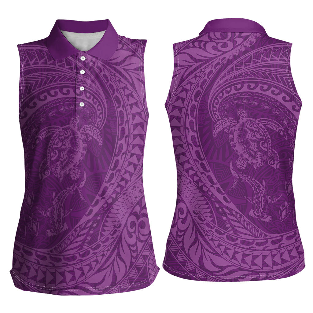 Hawaiian Turtle and Shark Women Sleeveless Polo Shirt Kakau Tribal with Polynesian Pattern Pink Color