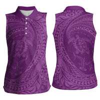 Hawaiian Turtle and Shark Women Sleeveless Polo Shirt Kakau Tribal with Polynesian Pattern Pink Color
