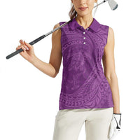 Hawaiian Turtle and Shark Women Sleeveless Polo Shirt Kakau Tribal with Polynesian Pattern Pink Color