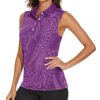 Hawaiian Turtle and Shark Women Sleeveless Polo Shirt Kakau Tribal with Polynesian Pattern Pink Color