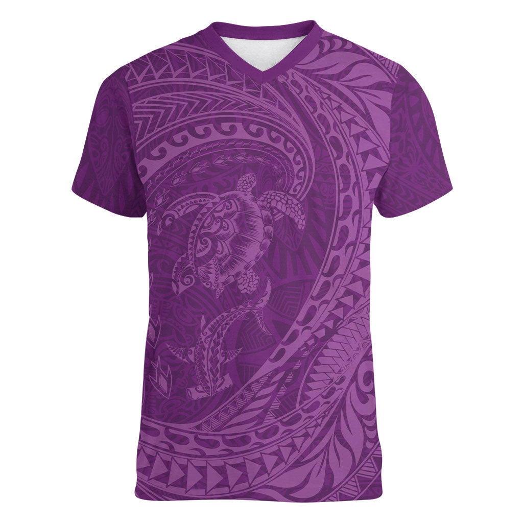 Hawaiian Turtle and Shark Women V-Neck T-Shirt Kakau Tribal with Polynesian Pattern Pink Color
