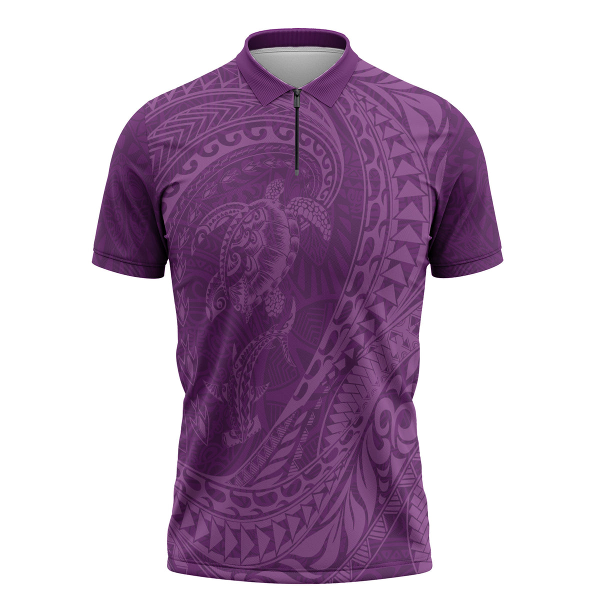 Hawaiian Turtle and Shark Zipper Polo Shirt Kakau Tribal with Polynesian Pattern Pink Color