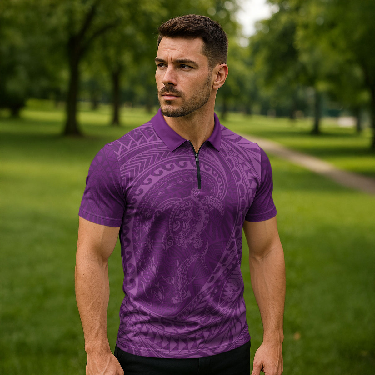 Hawaiian Turtle and Shark Zipper Polo Shirt Kakau Tribal with Polynesian Pattern Pink Color