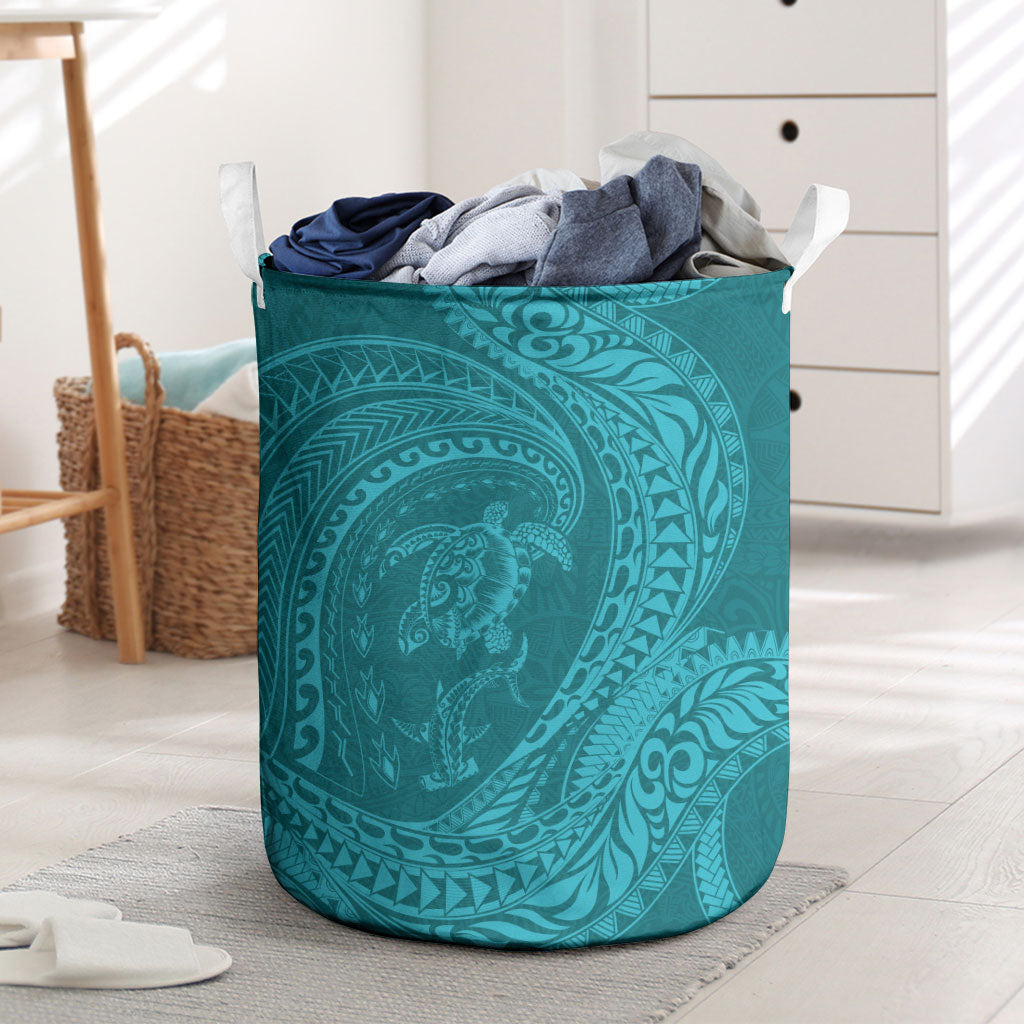 Hawaiian Turtle and Shark Laundry Basket Kakau Tribal with Polynesian Pattern Turquoise Color