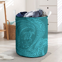 Hawaiian Turtle and Shark Laundry Basket Kakau Tribal with Polynesian Pattern Turquoise Color