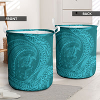 Hawaiian Turtle and Shark Laundry Basket Kakau Tribal with Polynesian Pattern Turquoise Color
