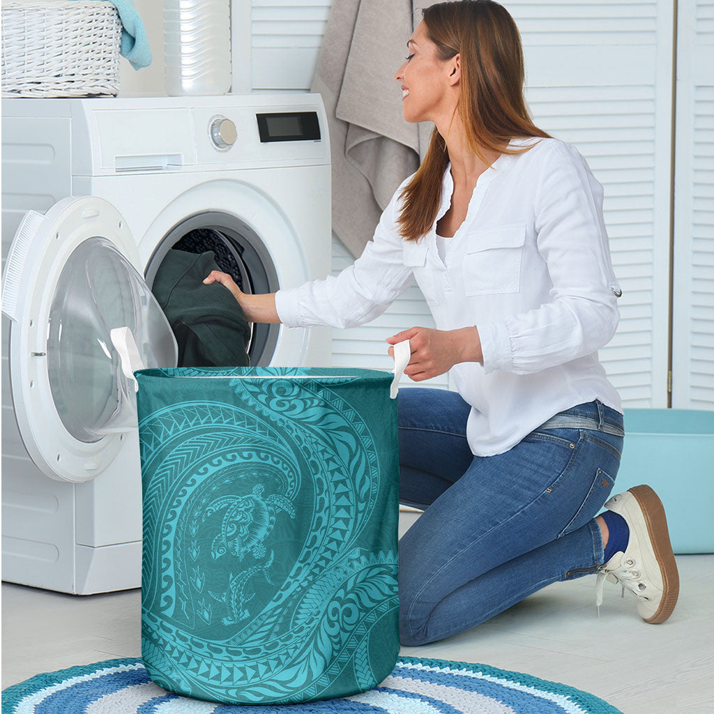 Hawaiian Turtle and Shark Laundry Basket Kakau Tribal with Polynesian Pattern Turquoise Color