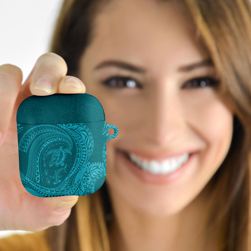 Hawaiian Turtle and Shark AirPods Case Kakau Tribal with Polynesian Pattern Turquoise Color