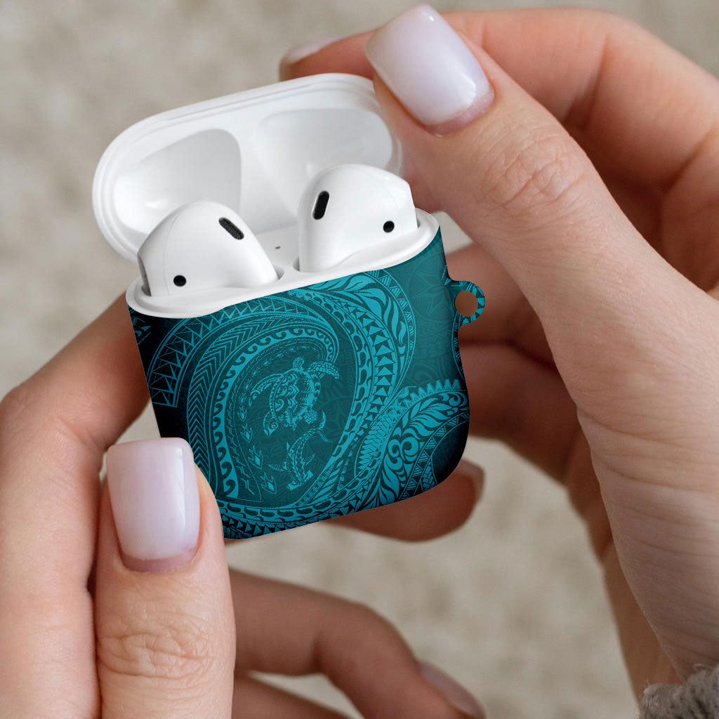 Hawaiian Turtle and Shark AirPods Case Kakau Tribal with Polynesian Pattern Turquoise Color