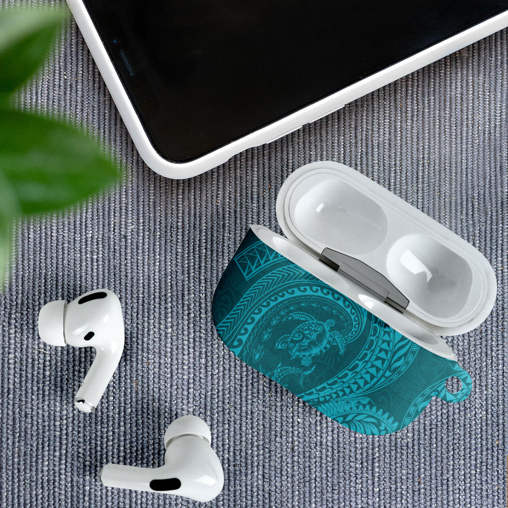 Hawaiian Turtle and Shark AirPods Case Kakau Tribal with Polynesian Pattern Turquoise Color