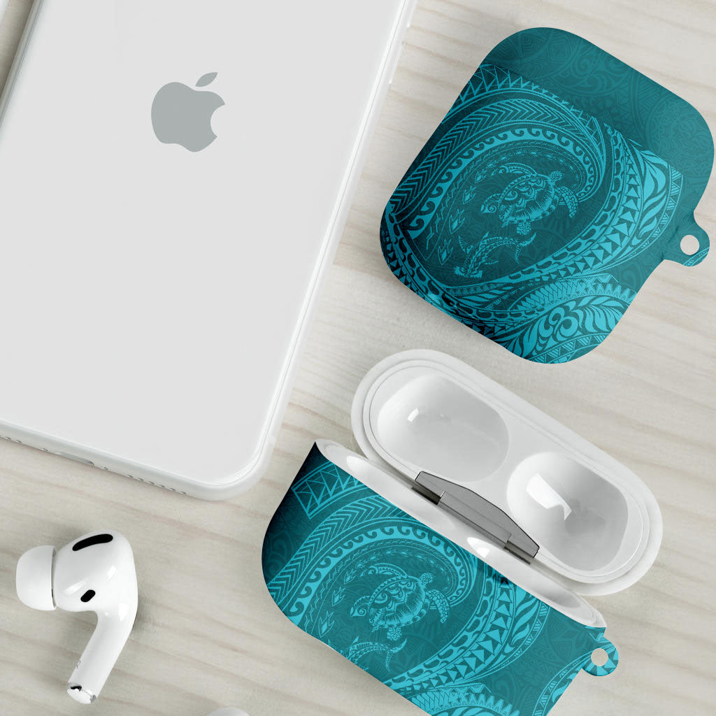 Hawaiian Turtle and Shark AirPods Case Kakau Tribal with Polynesian Pattern Turquoise Color