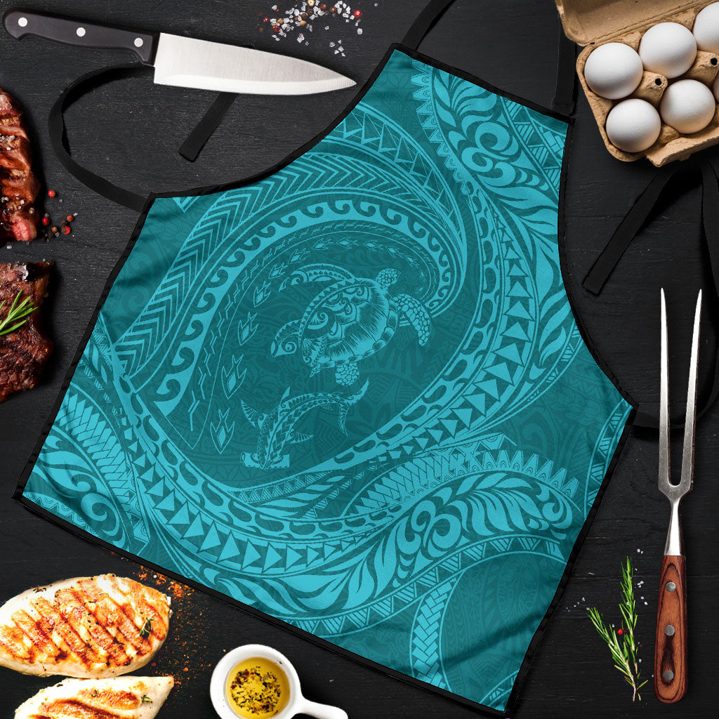 Hawaiian Turtle and Shark Apron Kakau Tribal with Polynesian Pattern Turquoise Color