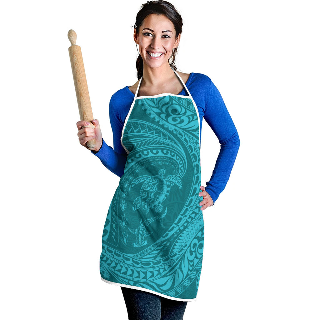 Hawaiian Turtle and Shark Apron Kakau Tribal with Polynesian Pattern Turquoise Color