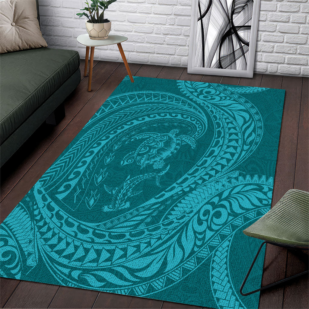 Hawaiian Turtle and Shark Area Rug Kakau Tribal with Polynesian Pattern Turquoise Color