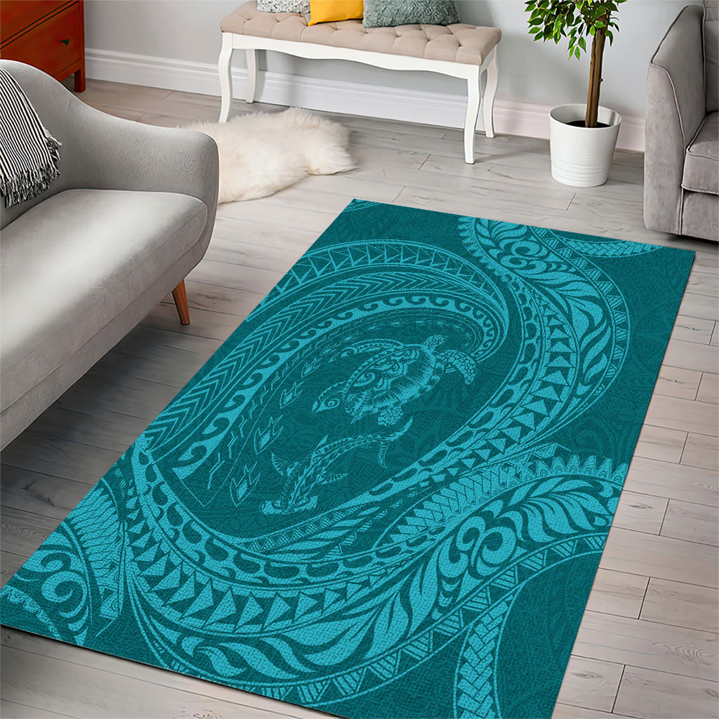 Hawaiian Turtle and Shark Area Rug Kakau Tribal with Polynesian Pattern Turquoise Color