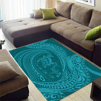 Hawaiian Turtle and Shark Area Rug Kakau Tribal with Polynesian Pattern Turquoise Color
