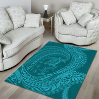 Hawaiian Turtle and Shark Area Rug Kakau Tribal with Polynesian Pattern Turquoise Color