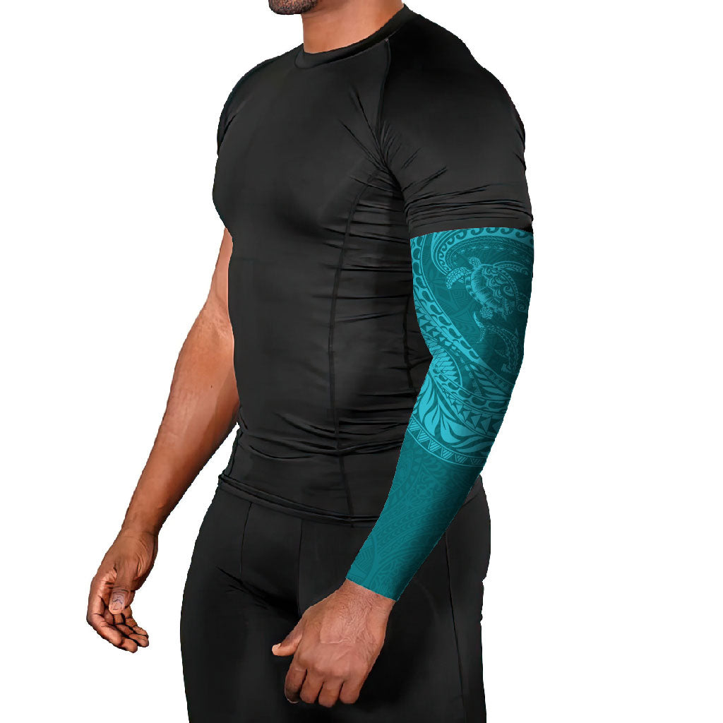 Hawaiian Turtle and Shark Arm Sleeves Kakau Tribal with Polynesian Pattern Turquoise Color