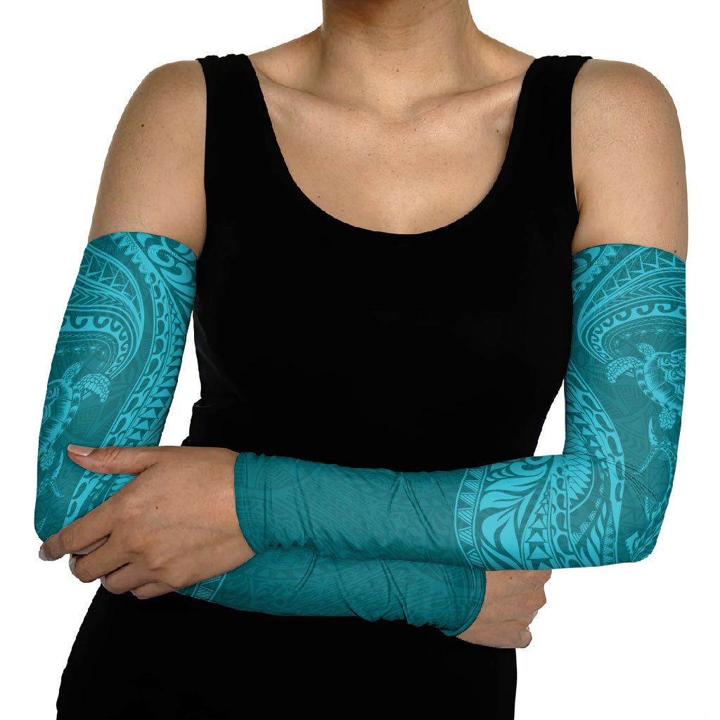 Hawaiian Turtle and Shark Arm Sleeves Kakau Tribal with Polynesian Pattern Turquoise Color