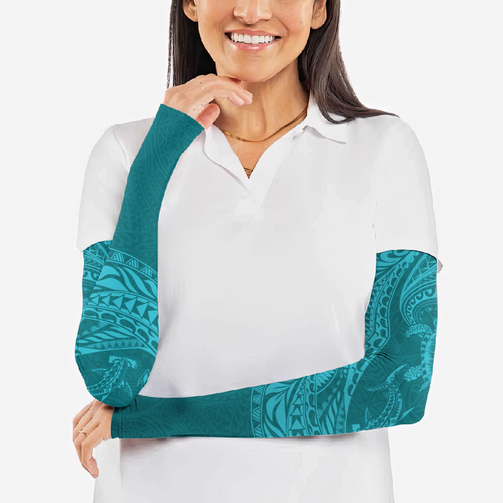 Hawaiian Turtle and Shark Arm Sleeves Kakau Tribal with Polynesian Pattern Turquoise Color
