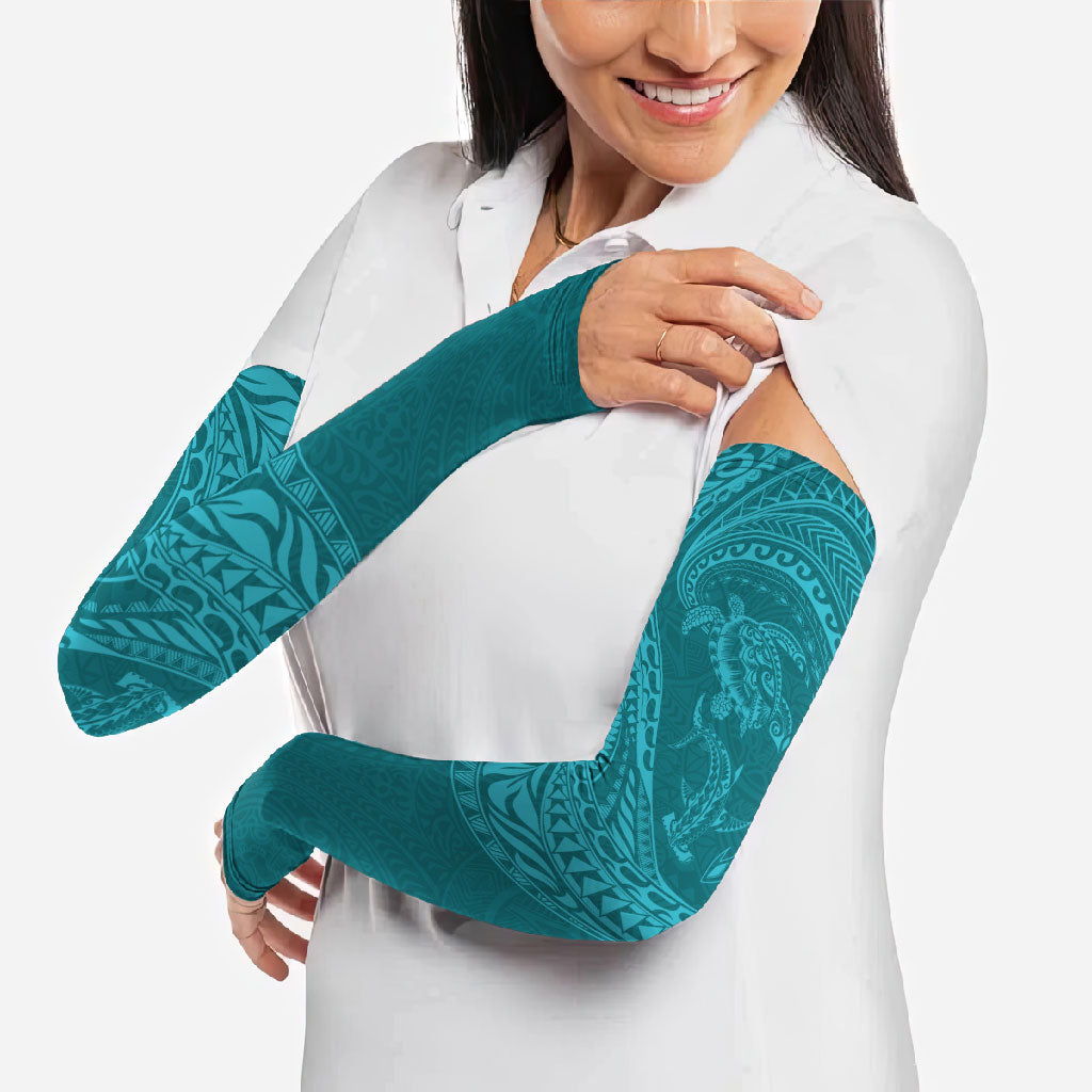 Hawaiian Turtle and Shark Arm Sleeves Kakau Tribal with Polynesian Pattern Turquoise Color
