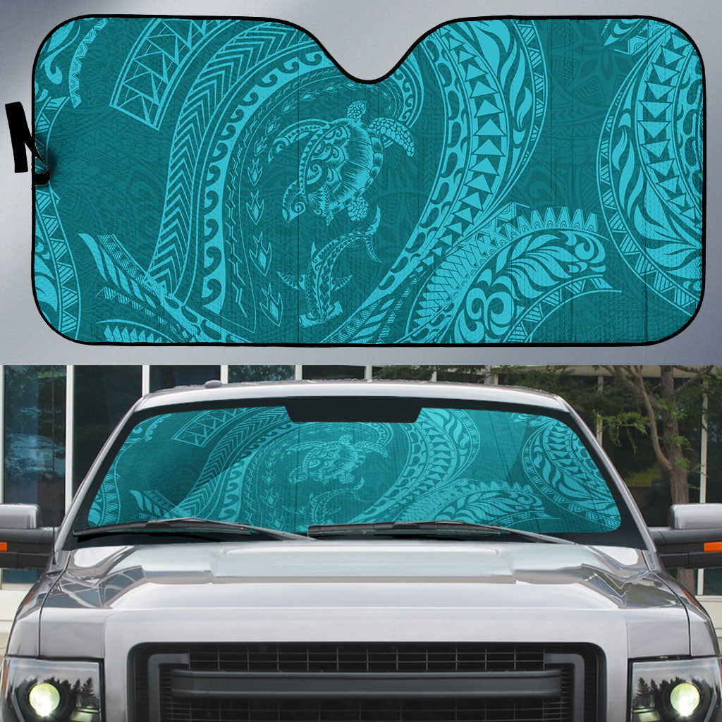Hawaiian Turtle and Shark Auto Sun Shade Kakau Tribal with Polynesian Pattern Turquoise Color
