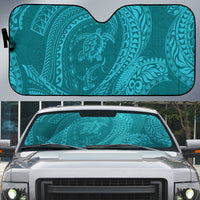 Hawaiian Turtle and Shark Auto Sun Shade Kakau Tribal with Polynesian Pattern Turquoise Color