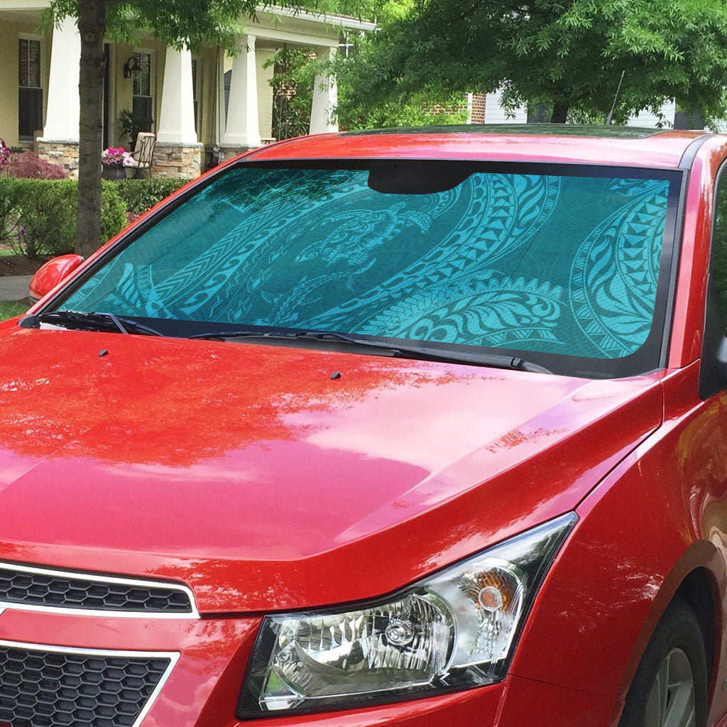 Hawaiian Turtle and Shark Auto Sun Shade Kakau Tribal with Polynesian Pattern Turquoise Color