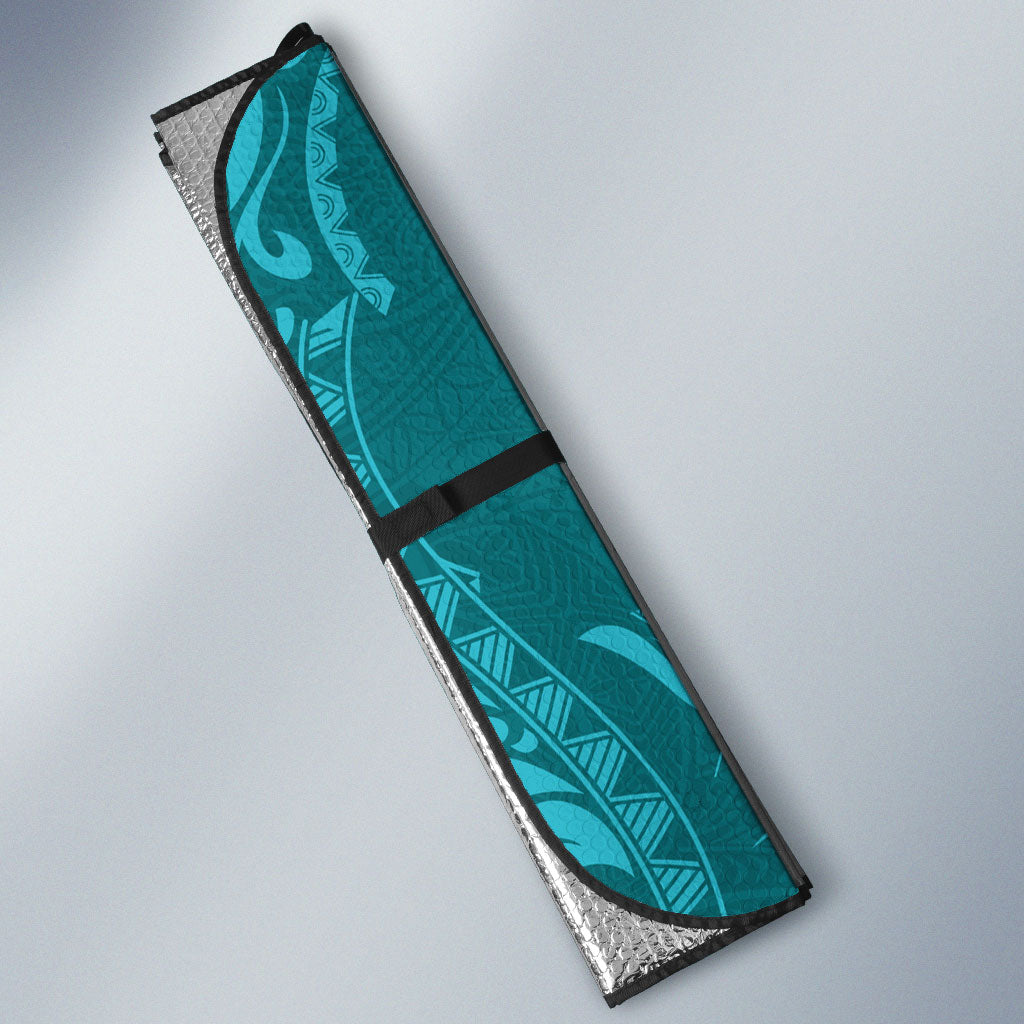 Hawaiian Turtle and Shark Auto Sun Shade Kakau Tribal with Polynesian Pattern Turquoise Color