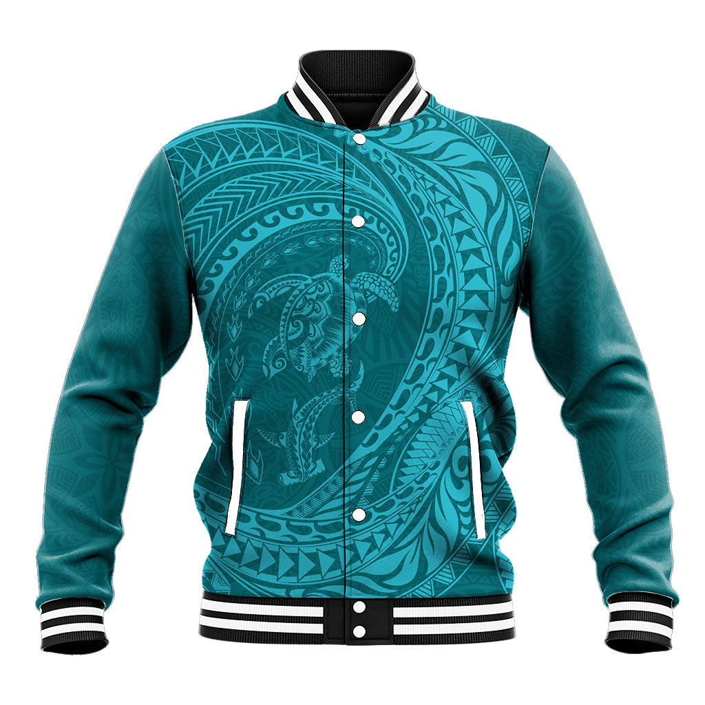 Hawaiian Turtle and Shark Baseball Jacket Kakau Tribal with Polynesian Pattern Turquoise Color