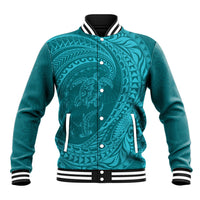 Hawaiian Turtle and Shark Baseball Jacket Kakau Tribal with Polynesian Pattern Turquoise Color