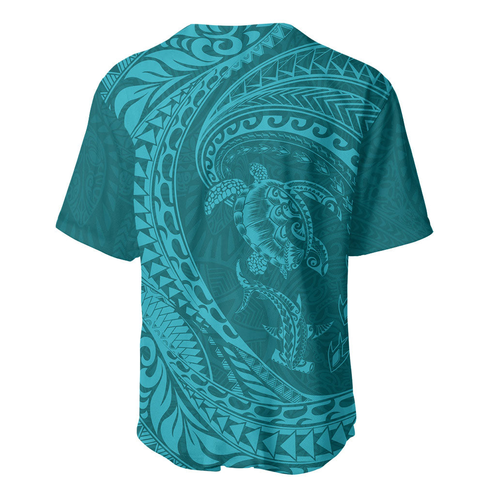 Hawaiian Turtle and Shark Baseball Jersey Kakau Tribal with Polynesian Pattern Turquoise Color