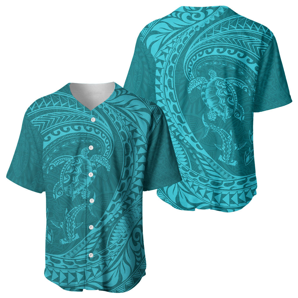 Hawaiian Turtle and Shark Baseball Jersey Kakau Tribal with Polynesian Pattern Turquoise Color
