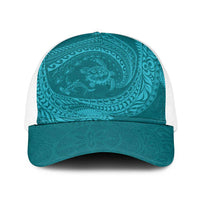Hawaiian Turtle and Shark Baseball Net Cap Kakau Tribal with Polynesian Pattern Turquoise Color