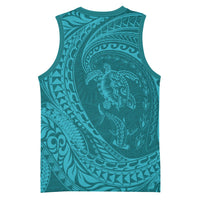 Hawaiian Turtle and Shark Basketball Jersey Kakau Tribal with Polynesian Pattern Turquoise Color