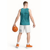 Hawaiian Turtle and Shark Basketball Jersey Kakau Tribal with Polynesian Pattern Turquoise Color