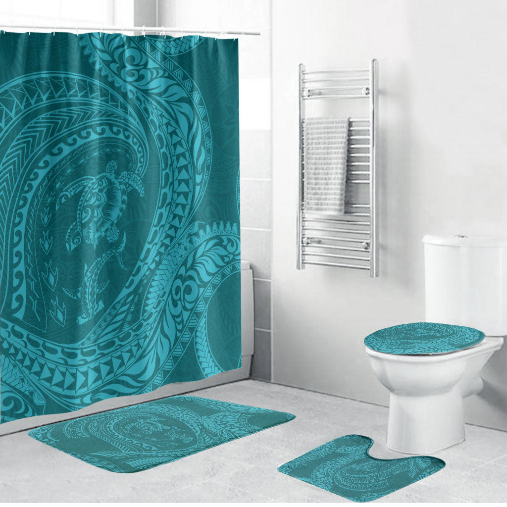 Hawaiian Turtle and Shark Bathroom Set Kakau Tribal with Polynesian Pattern Turquoise Color