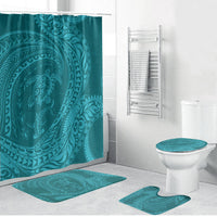 Hawaiian Turtle and Shark Bathroom Set Kakau Tribal with Polynesian Pattern Turquoise Color