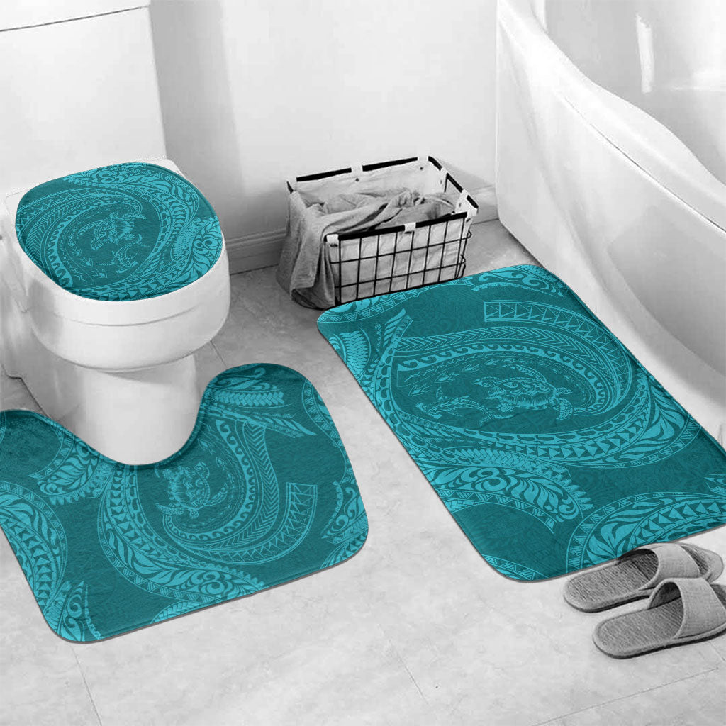 Hawaiian Turtle and Shark Bathroom Set Kakau Tribal with Polynesian Pattern Turquoise Color