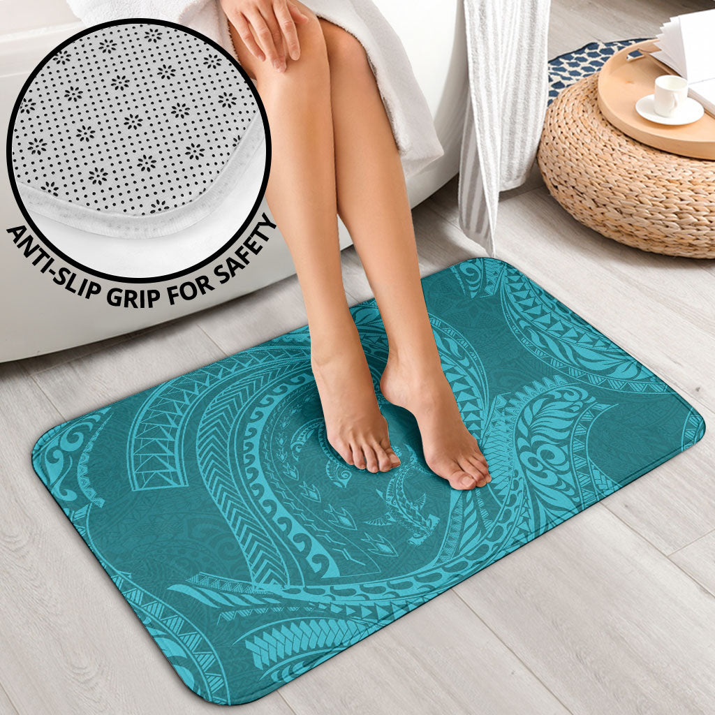 Hawaiian Turtle and Shark Bathroom Set Kakau Tribal with Polynesian Pattern Turquoise Color