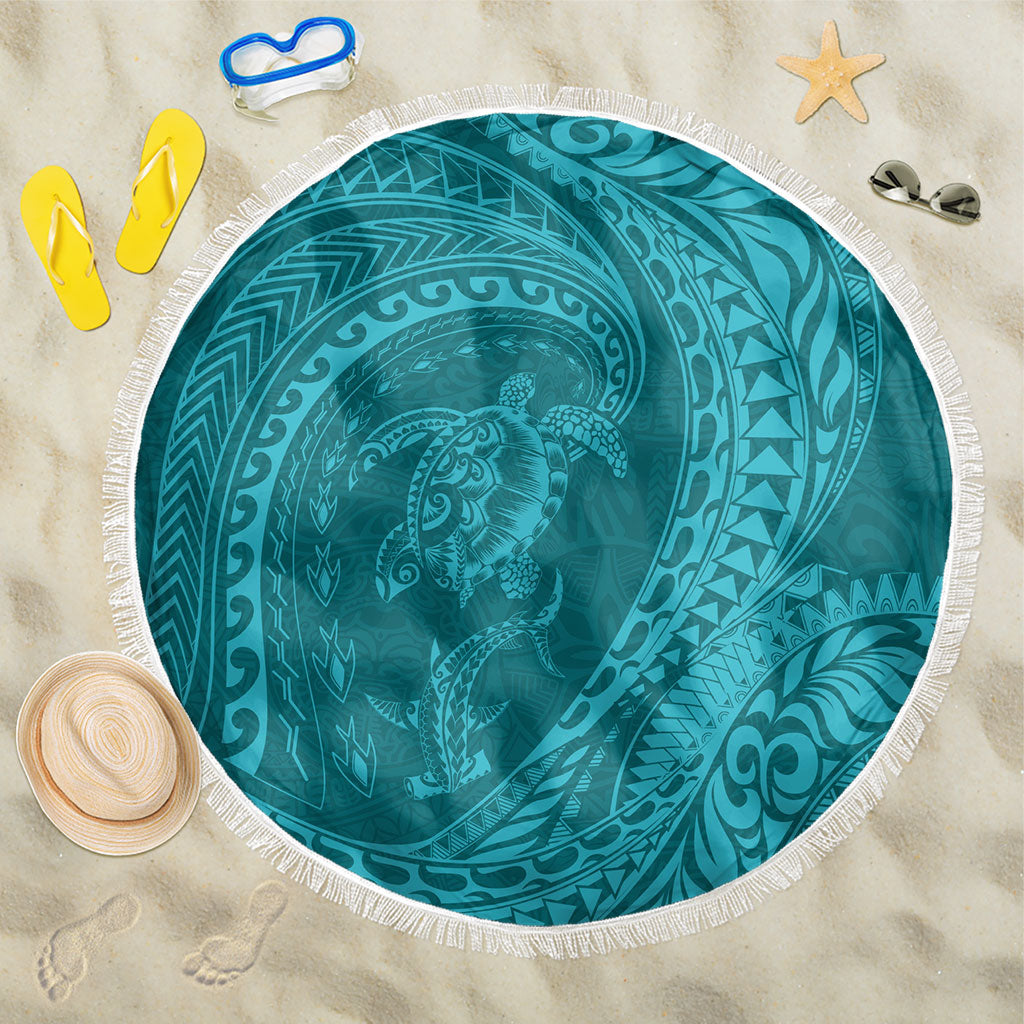 Hawaiian Turtle and Shark Beach Blanket Kakau Tribal with Polynesian Pattern Turquoise Color
