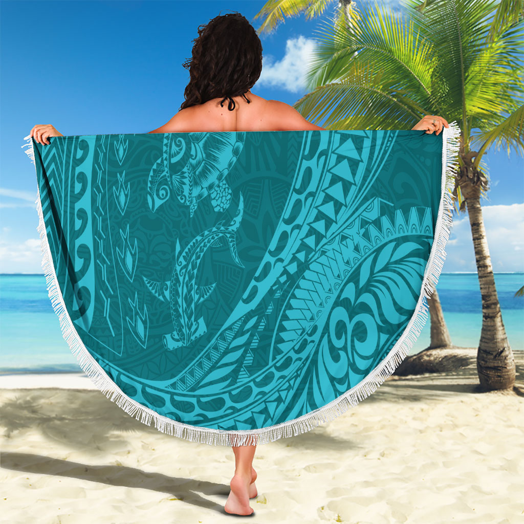 Hawaiian Turtle and Shark Beach Blanket Kakau Tribal with Polynesian Pattern Turquoise Color