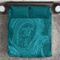Hawaiian Turtle and Shark Bedding Set Kakau Tribal with Polynesian Pattern Turquoise Color